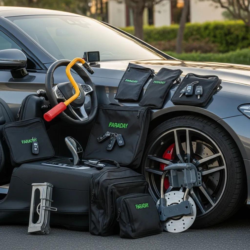 Luxury car with various theft prevention tools displayed around it