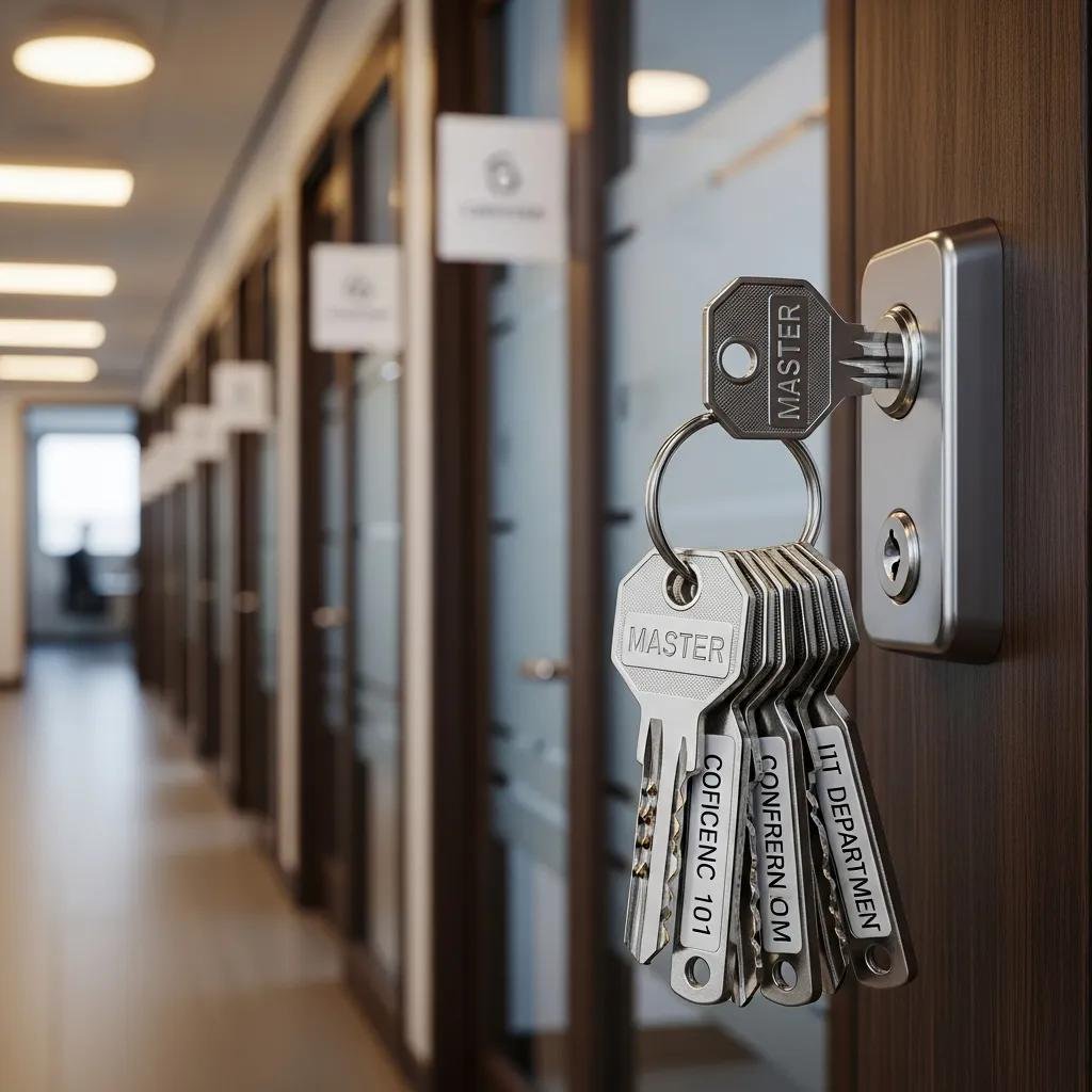 Master key system setup with keys and locks in a multi-office environment