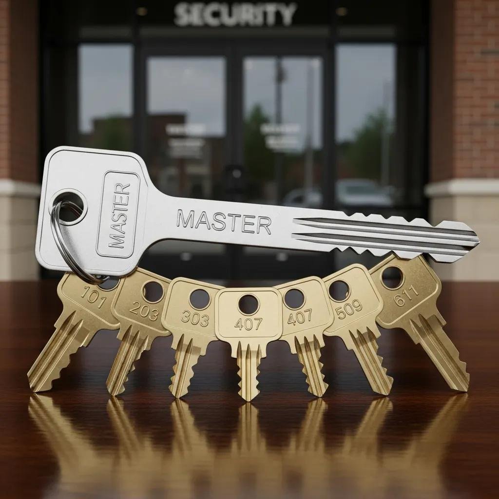 Master key system with a silver master key and several gold individual keys, set against a background featuring a "SECURITY" sign, illustrating access control solutions for commercial properties.