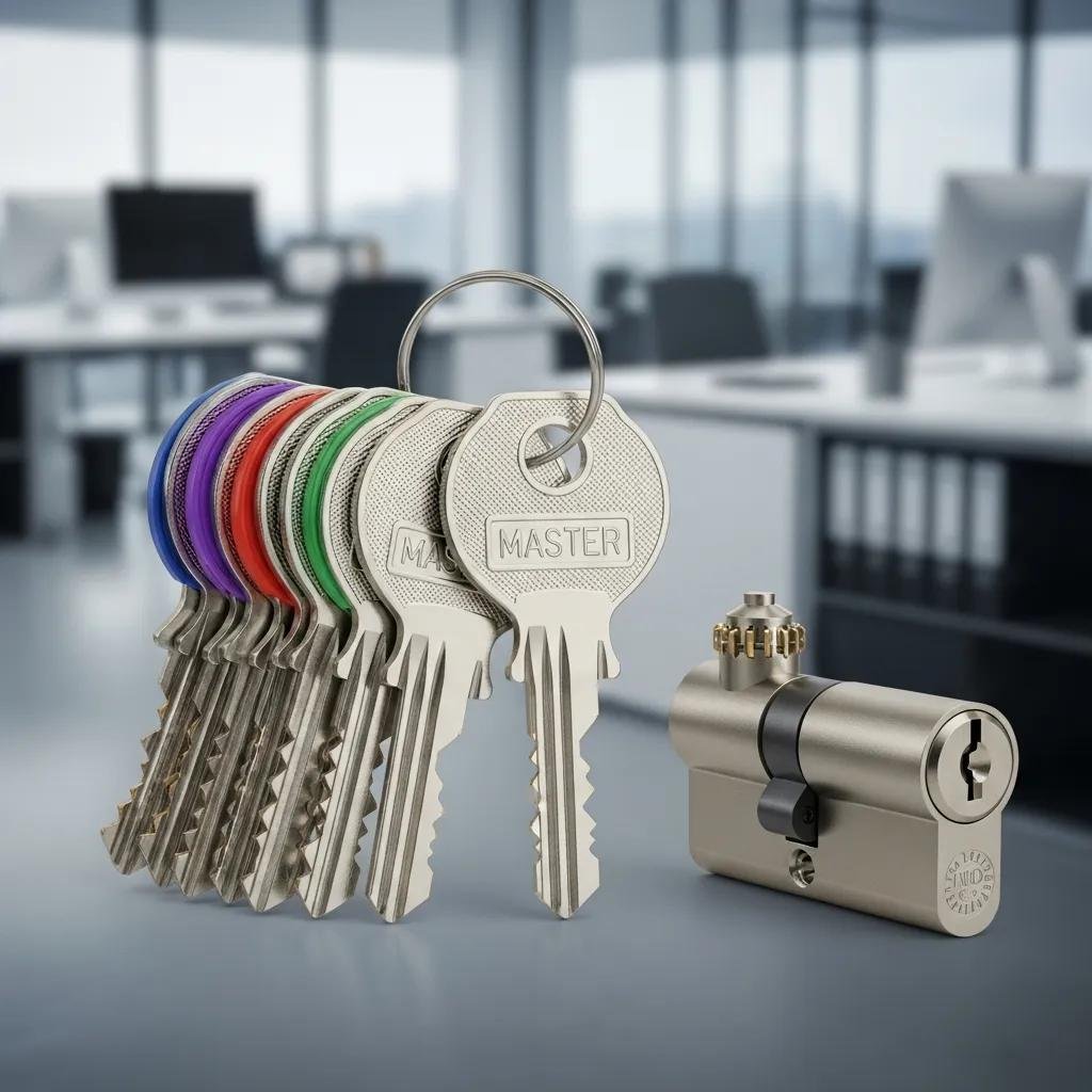Master key system with keys and lock, illustrating access management benefits for businesses