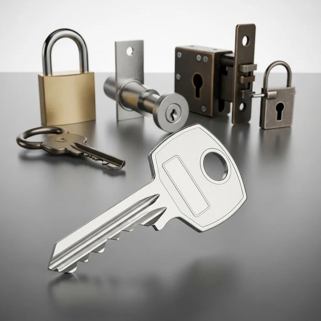 High-security key with various locks, illustrating master key systems and access management benefits for commercial security.