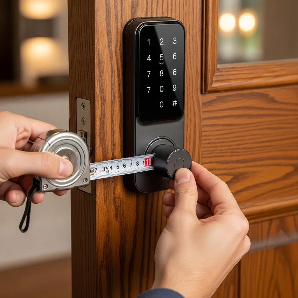 Measuring door thickness and backset for smart lock compatibility with a tape measure