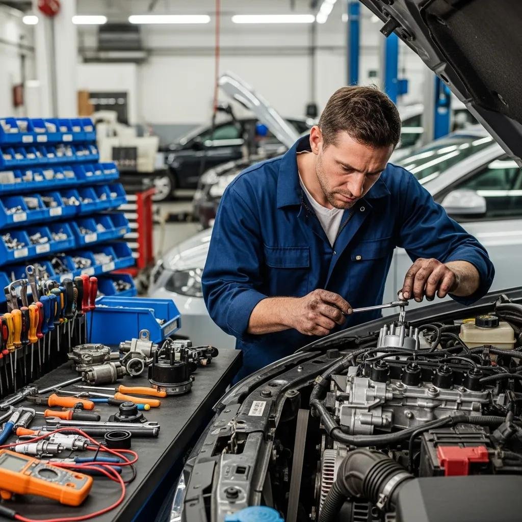 Mechanic repairing a car ignition system in a garage, showcasing automotive expertise
