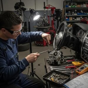 Mechanic repairing an automotive ignition system in a garage