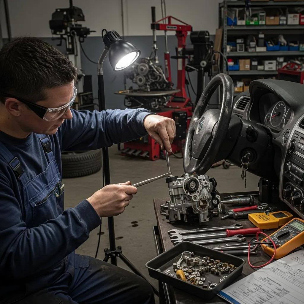 Mechanic repairing an automotive ignition system in a garage