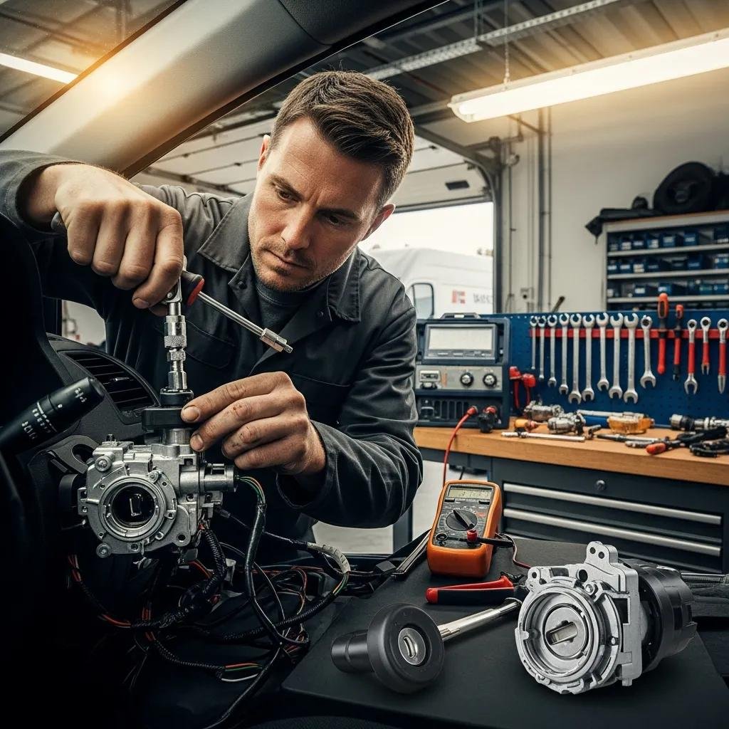 Mechanic repairing car ignition system in a garage, showcasing expertise in ignition repair services