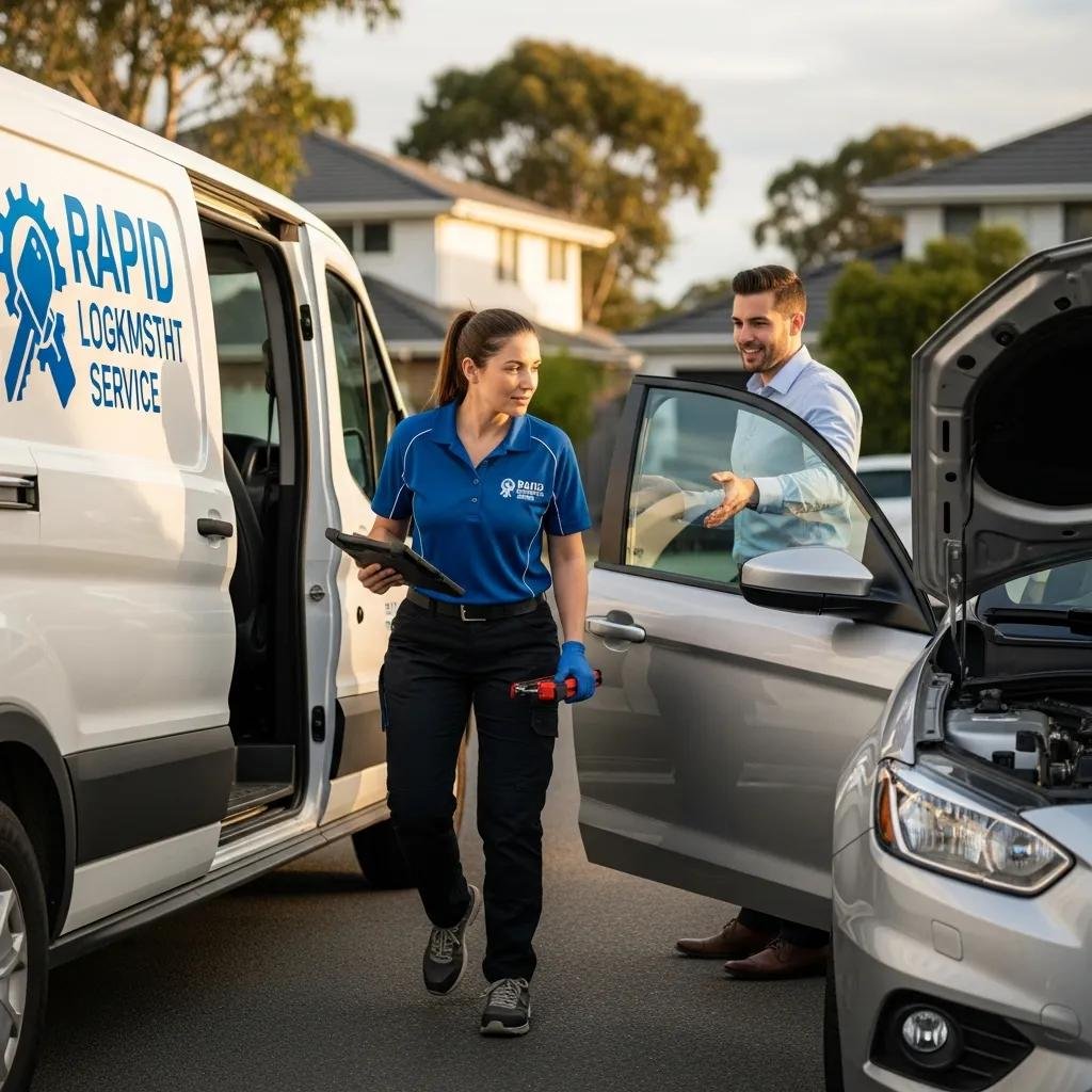 Mobile locksmith arriving to assist with a car key emergency, showcasing quick response times, customer interaction, and professional service.