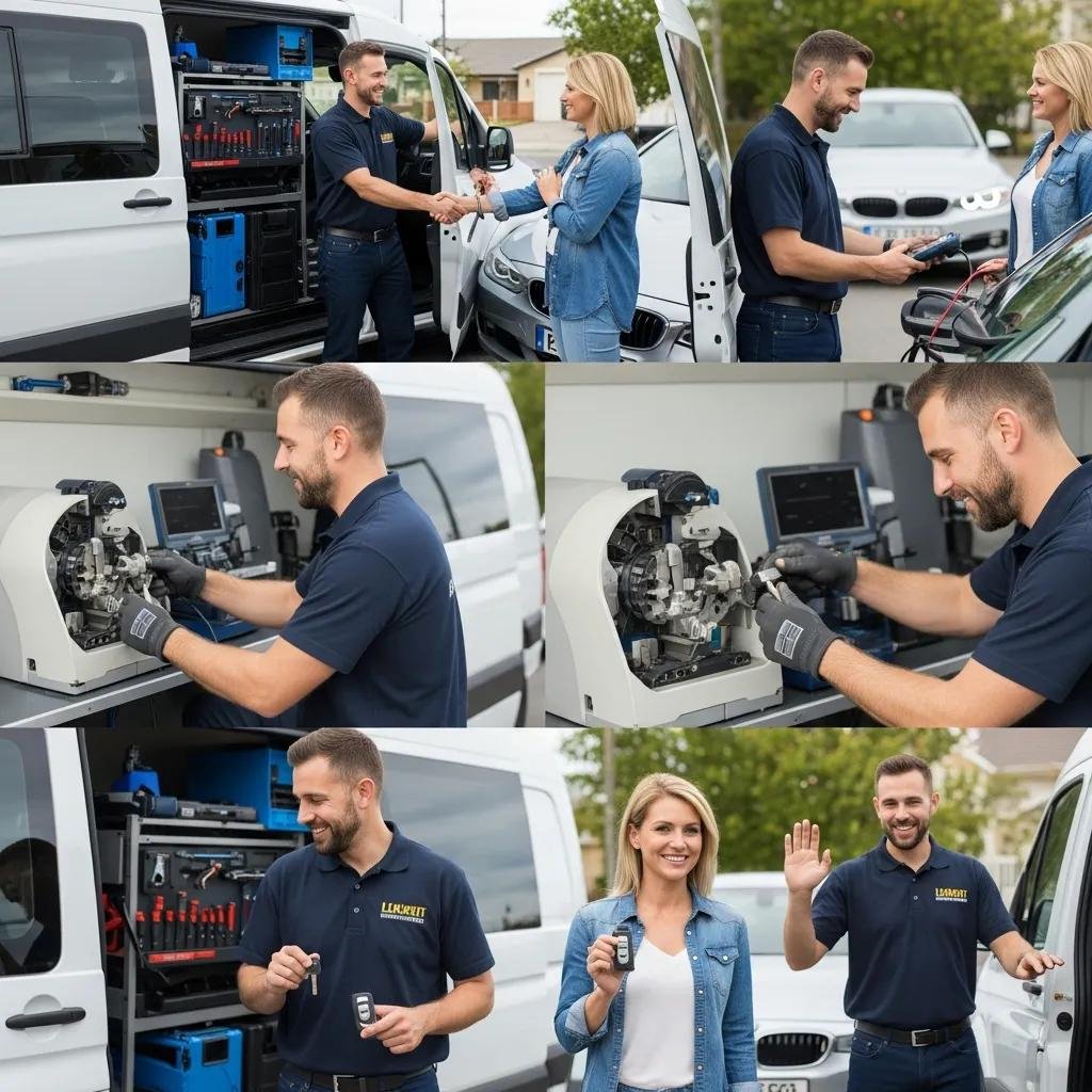 Mobile locksmith assisting a customer with BMW key replacement process