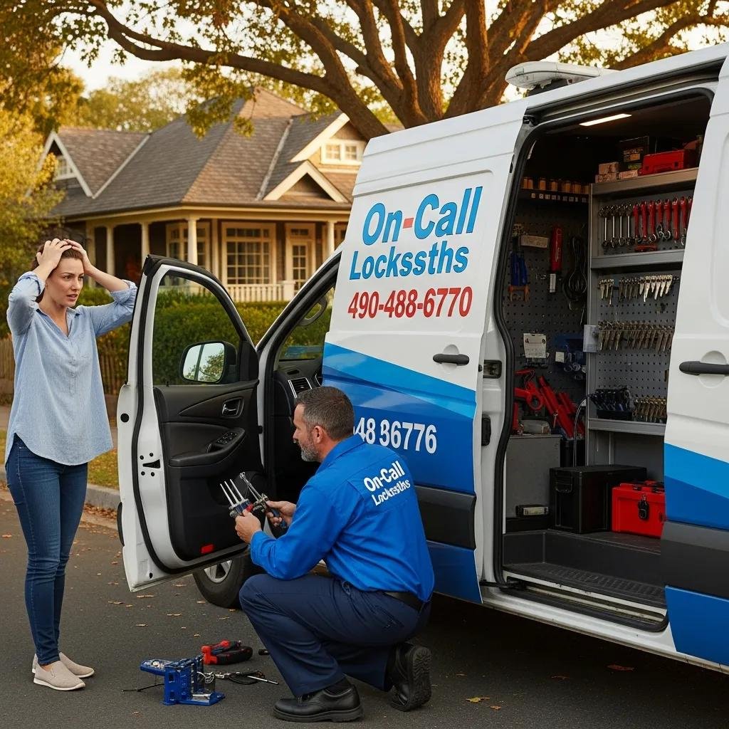 Mobile locksmith assisting a driver in distress beside a parked car in a residential area
