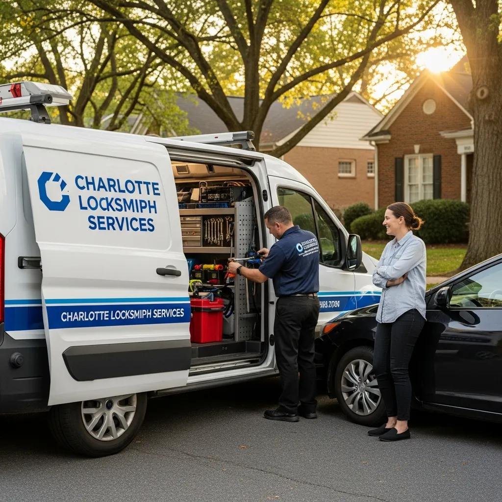 Mobile locksmith assisting a driver in Charlotte, NC, with emergency car lockout services, featuring a service van and tools.