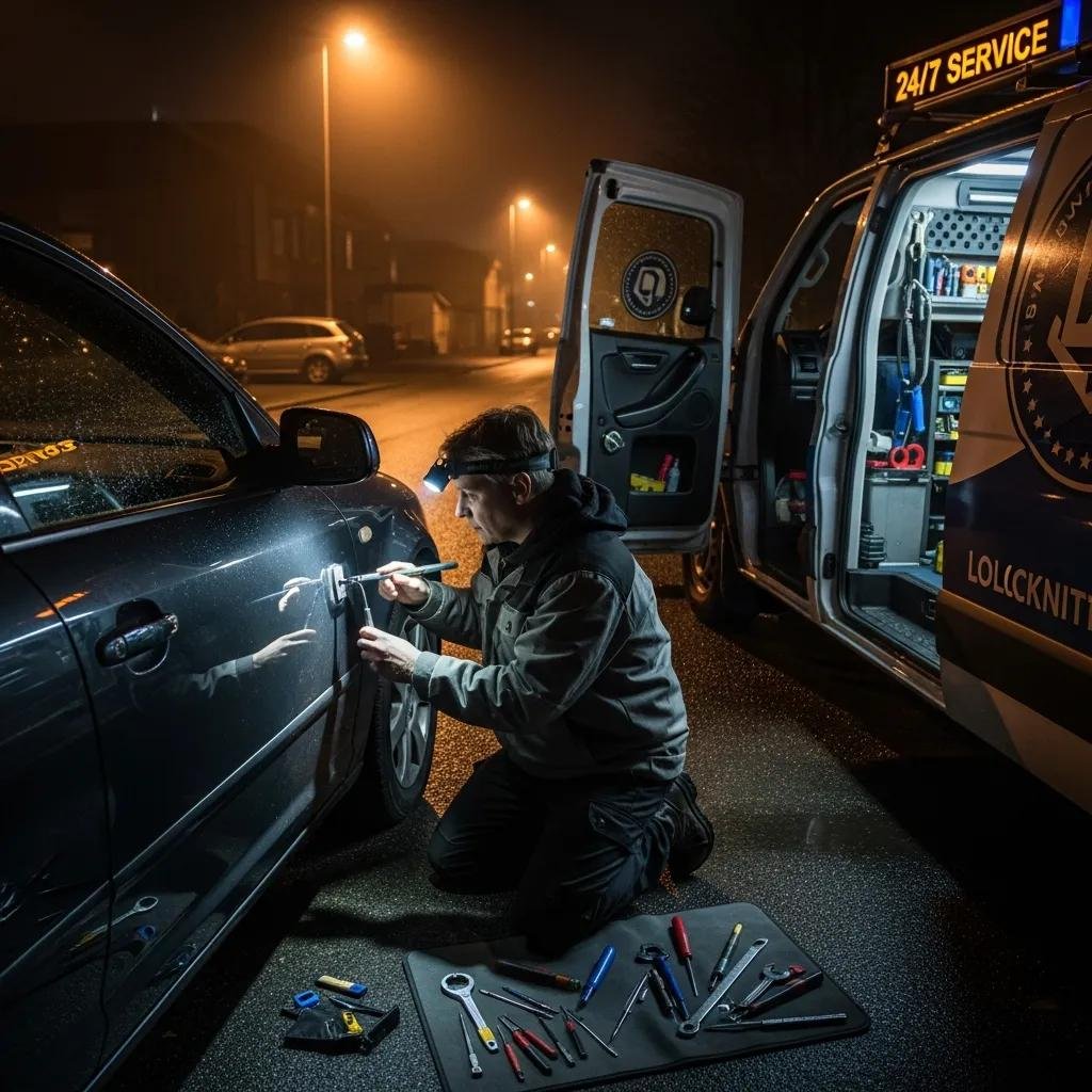 Mobile locksmith assisting with a car door lock repair at night, highlighting emergency locksmith services in Davidson, NC