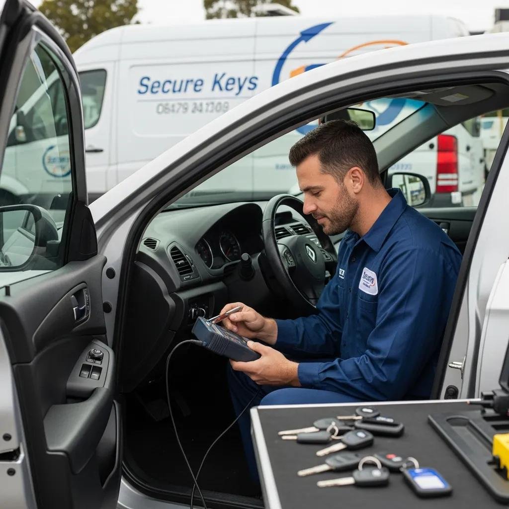 Mobile locksmith programming a transponder key inside a vehicle, showcasing on-site automotive key programming service with various keys on a table nearby.