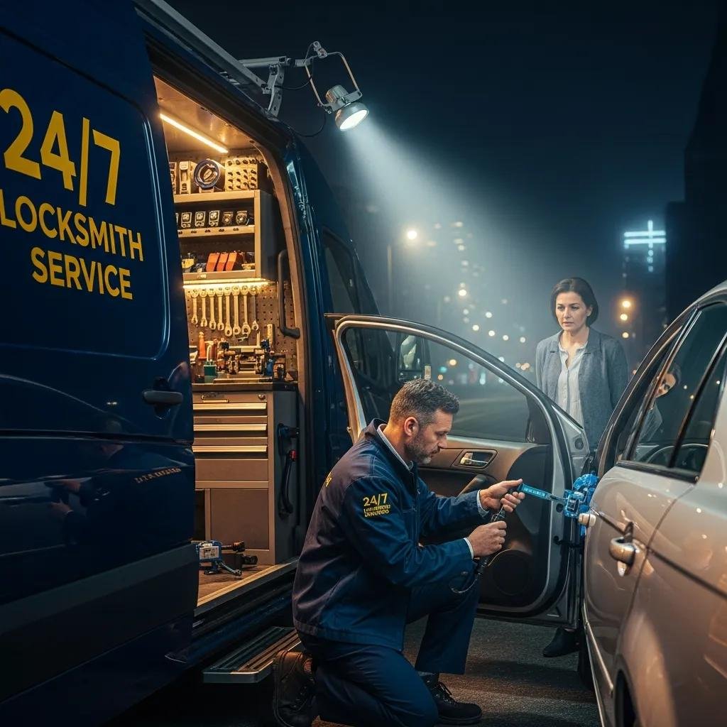 Mobile locksmith providing 24/7 ignition repair service at night, showcasing convenience and reliability