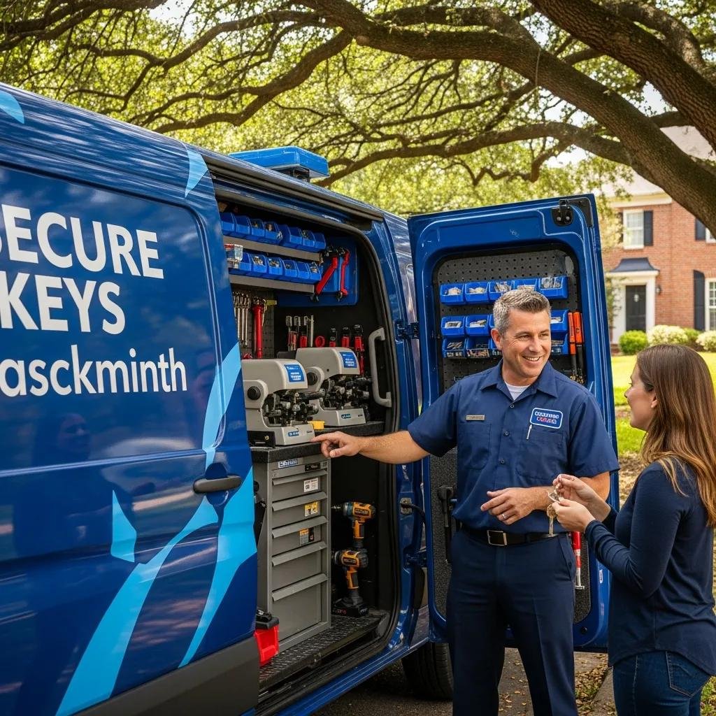 Mobile locksmith providing emergency car key replacement at a customer's location, evening assistance