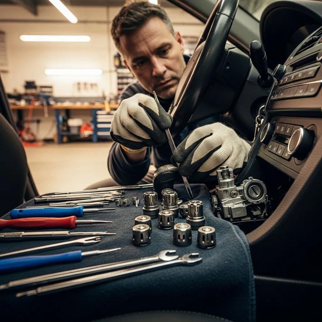 Mobile locksmith repairing a car ignition system, highlighting expert service in Mooresville, NC