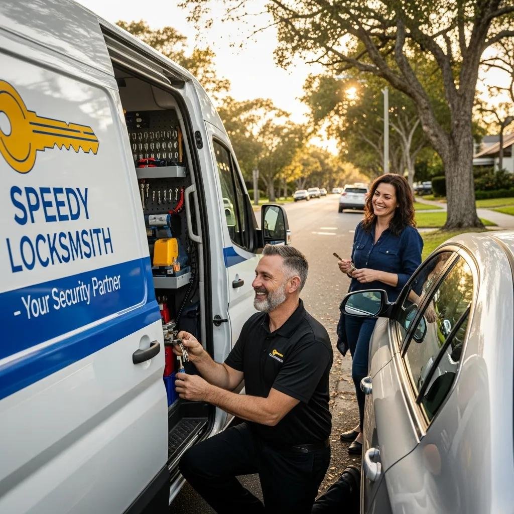 Mobile locksmith assisting a customer in Charlotte, NC, with a service van labeled "Speedy Locksmith," showcasing tools and keys, emphasizing reliable auto locksmith services.