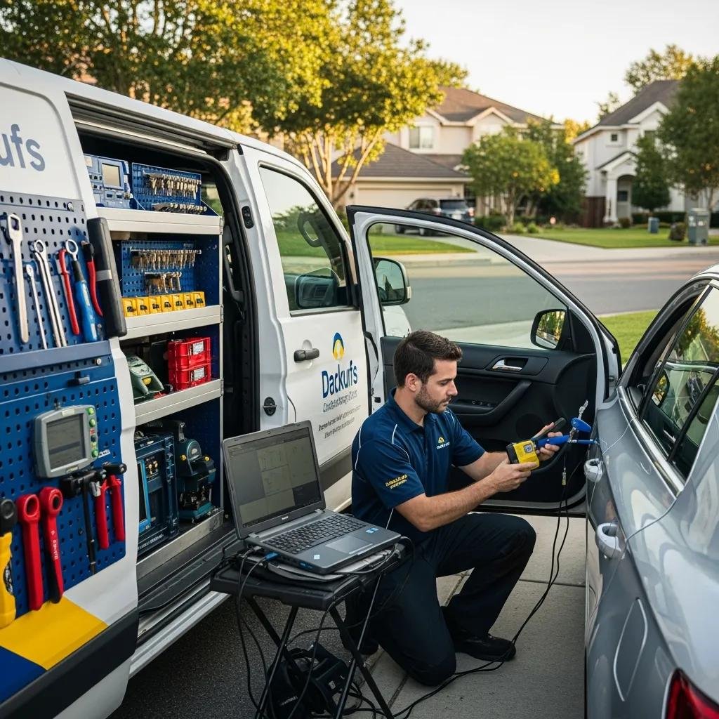 Mobile locksmith service for car key replacement in a residential area