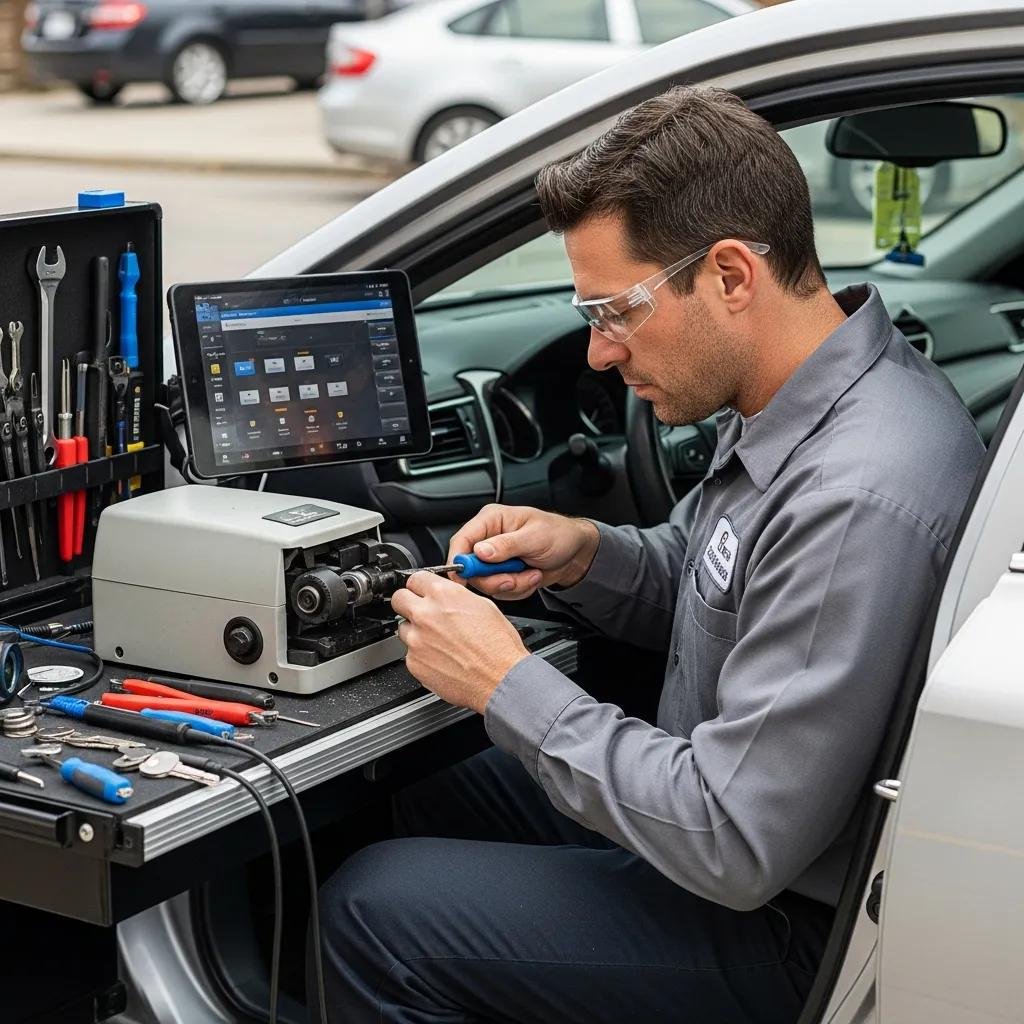 Mobile locksmith servicing a Toyota vehicle for key replacement