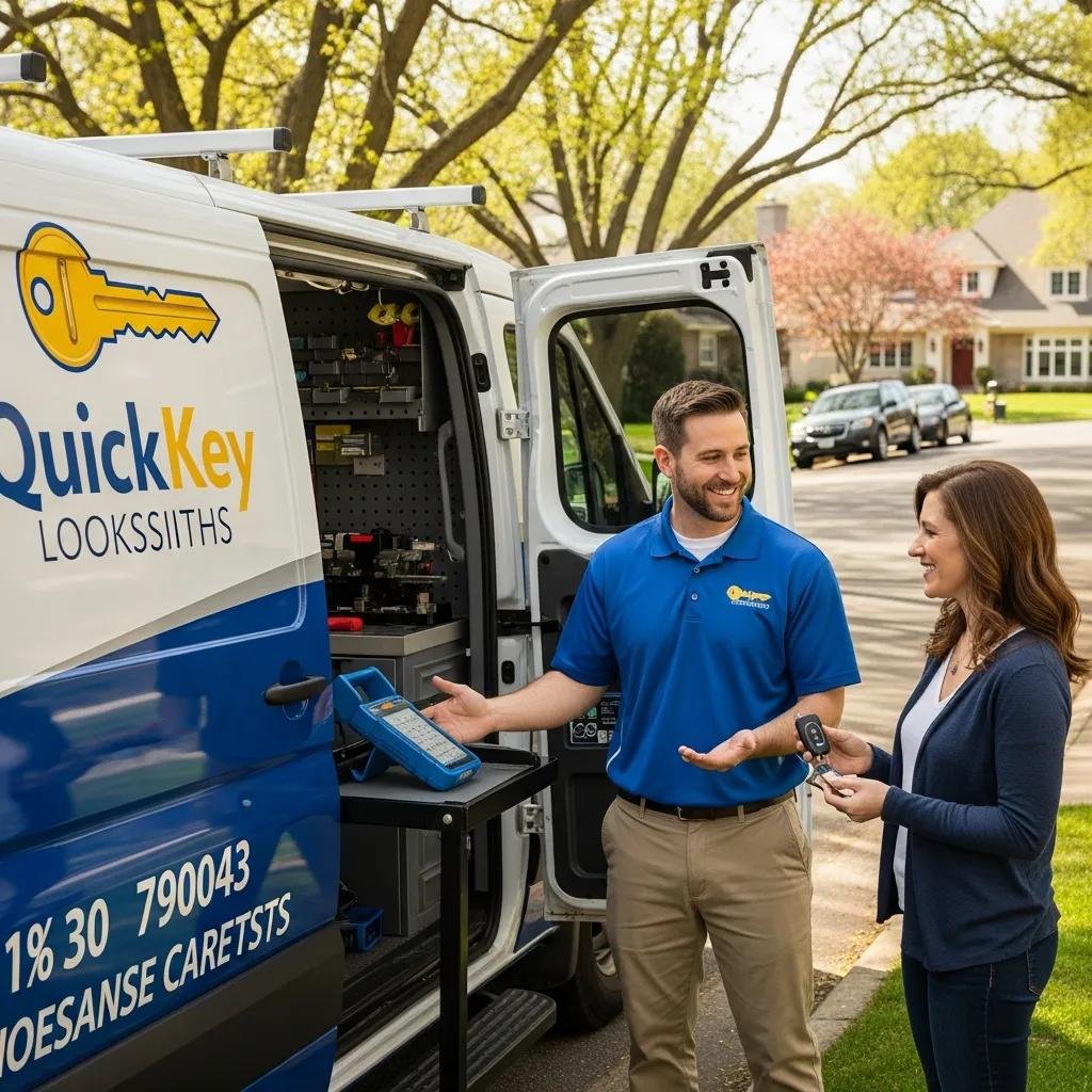 Mobile locksmith technician assisting a customer with smart key fob replacement, showcasing expertise and convenience of on-site service in a residential area.