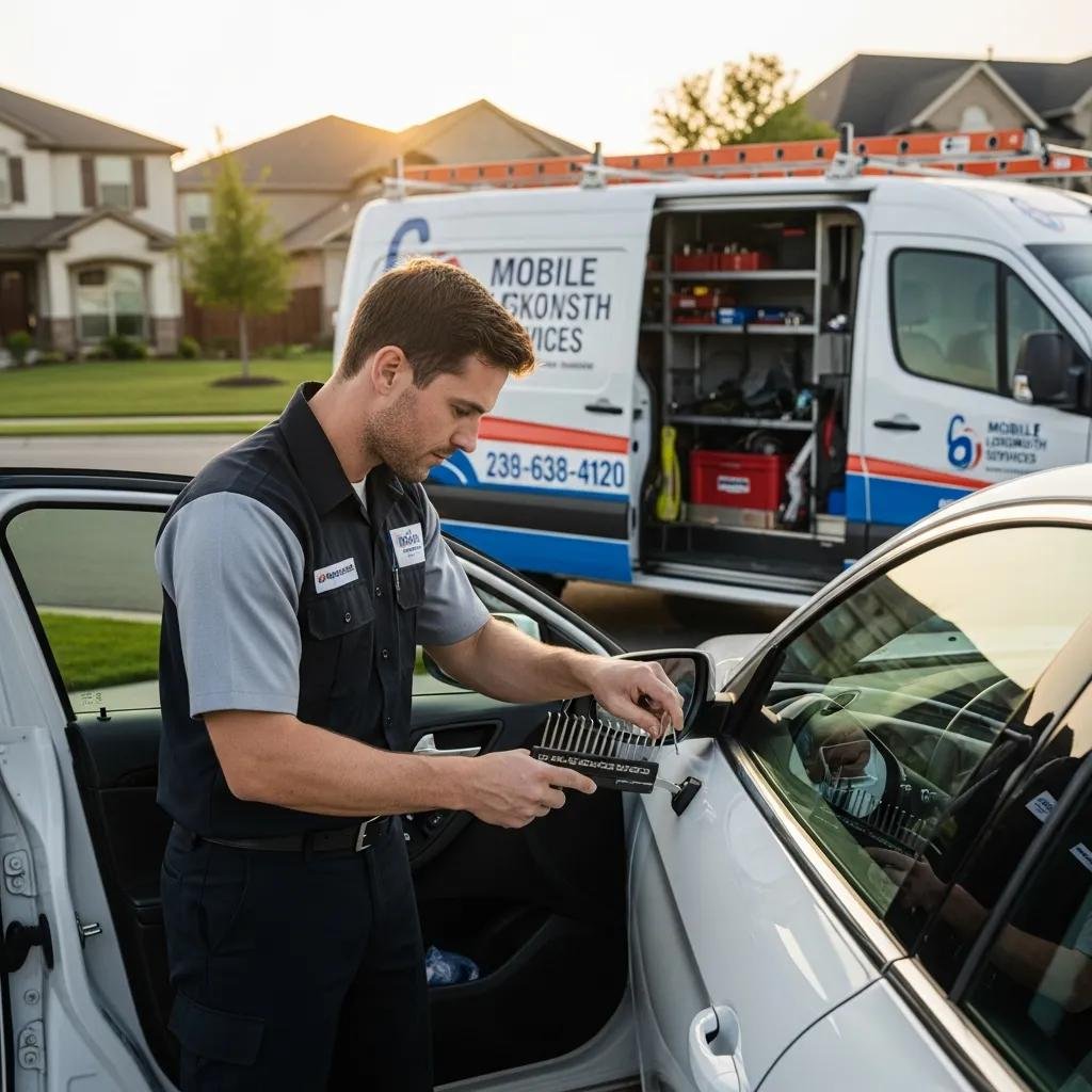 Mobile locksmith technician unlocking a car door with professional tools, showcasing on-site car key replacement services in a residential area.