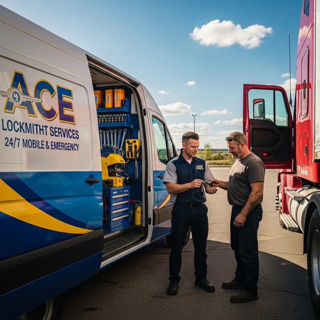Mobile locksmith van assisting a truck owner in a parking lot