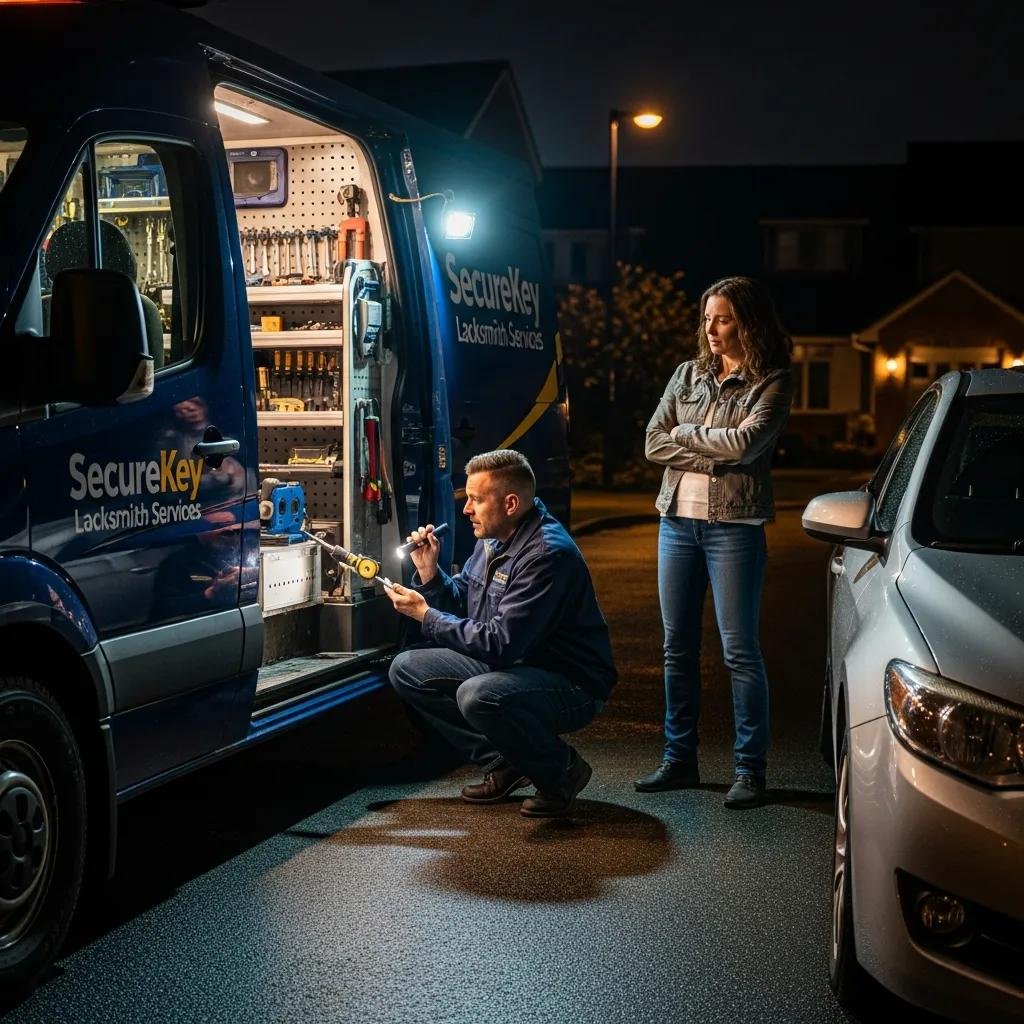 Mobile locksmith van offering 24/7 service in a residential neighborhood at night