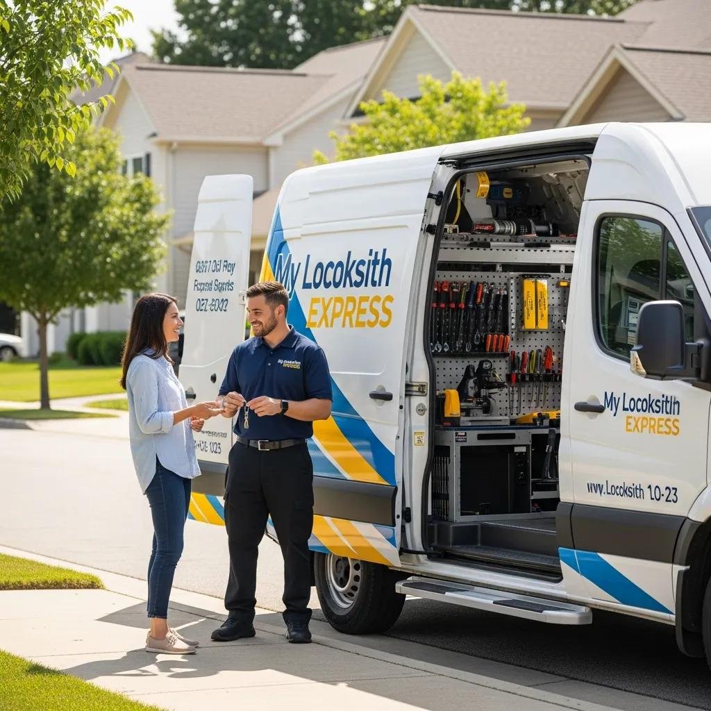 Mobile locksmith van providing 24/7 service to a customer in a residential area