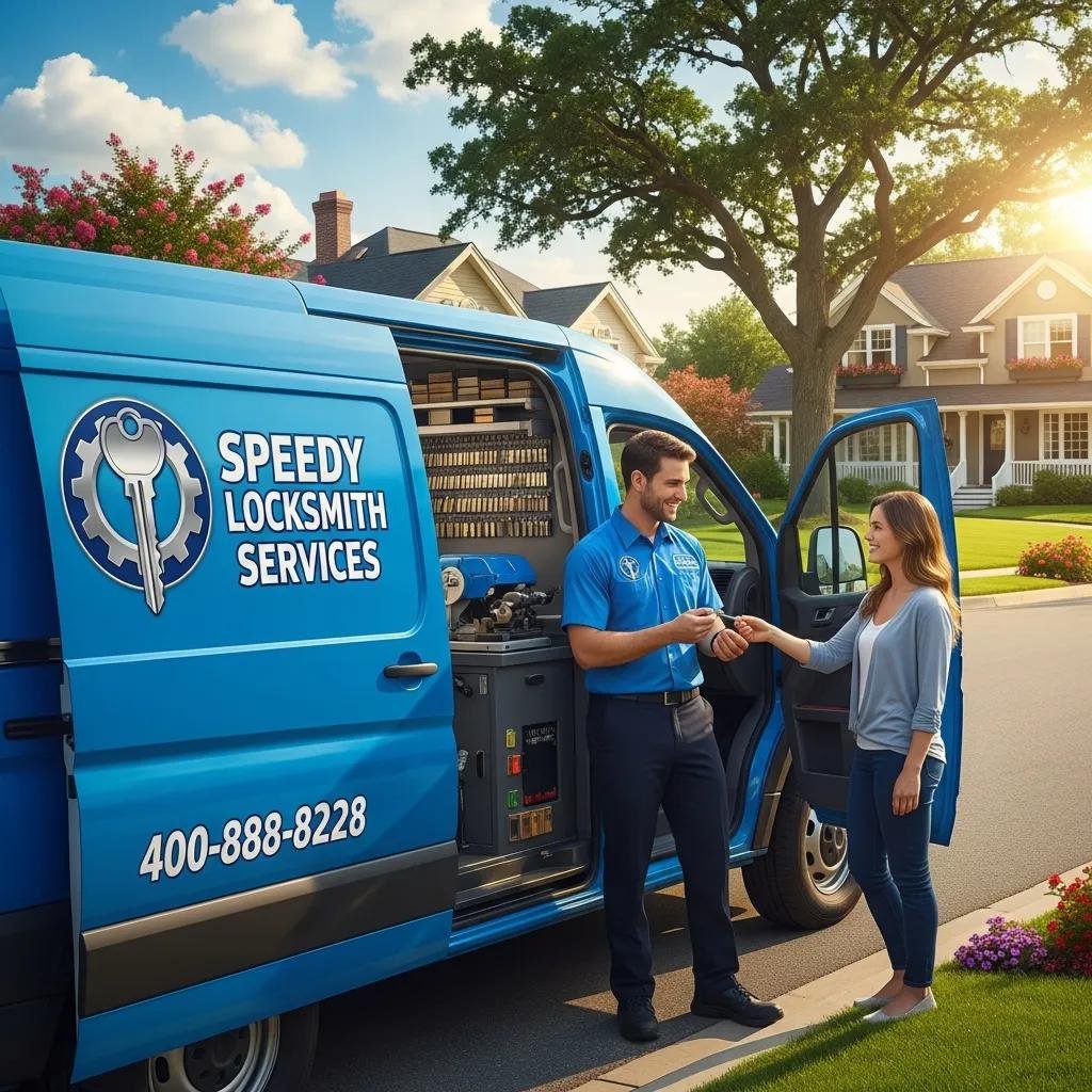 Mobile locksmith van providing key cutting services in a residential neighborhood