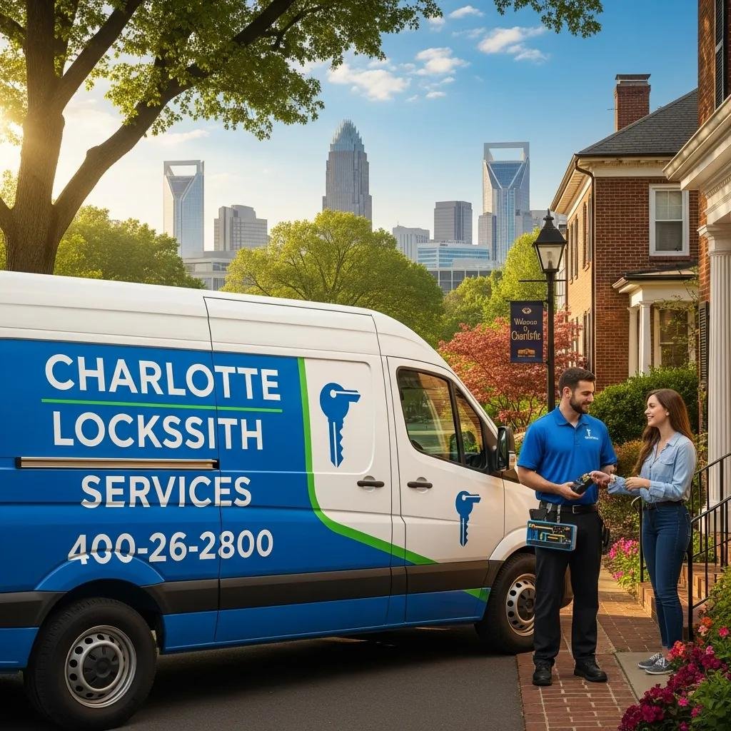 Mobile locksmith van providing service in a residential area of Charlotte NC