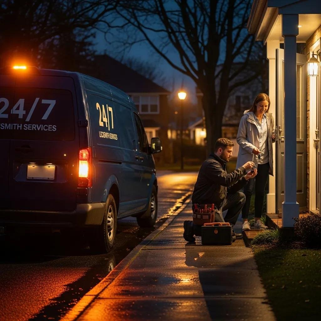Mobile locksmith vehicle providing emergency car key services at night