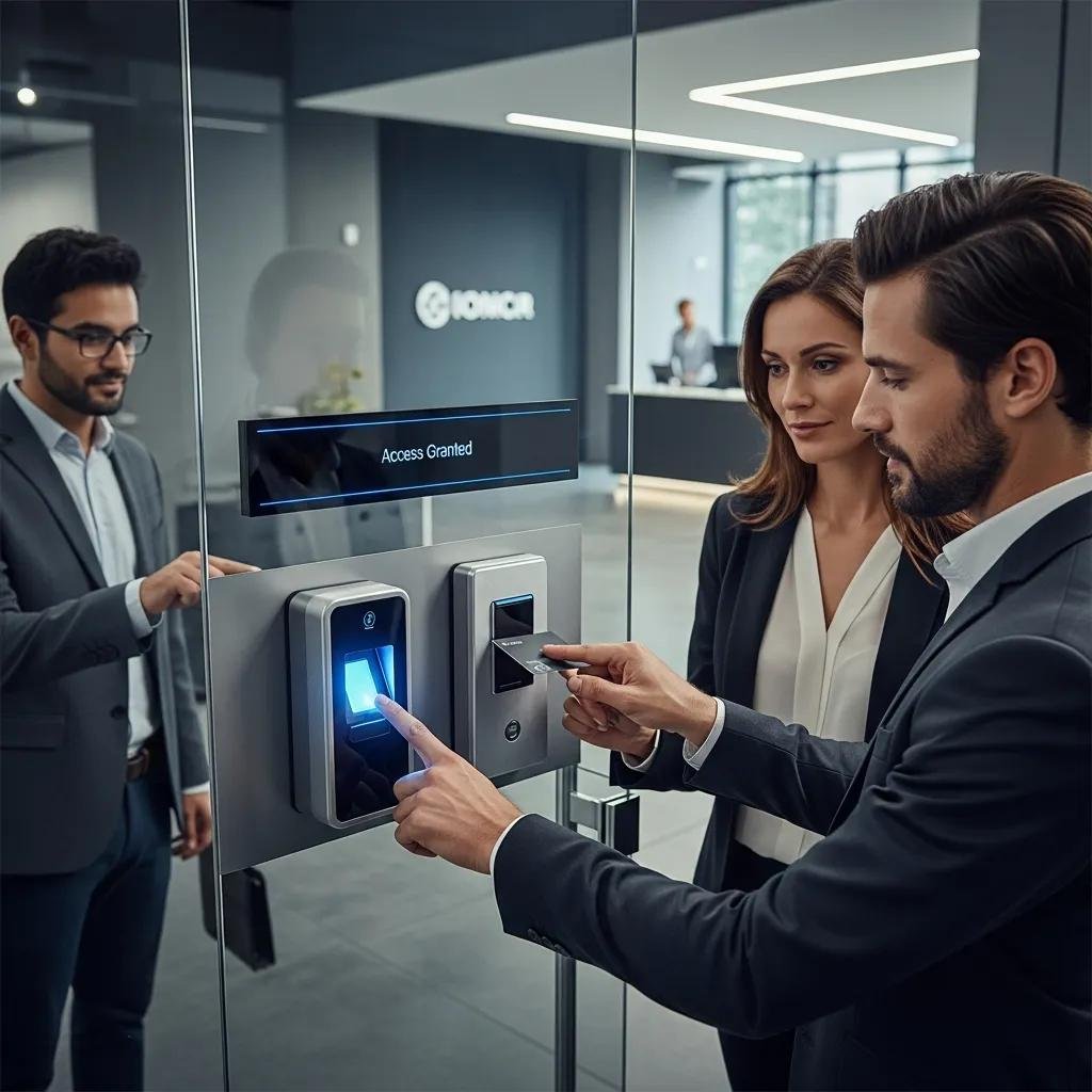 Modern access control system with biometric scanner and keycard access in a business