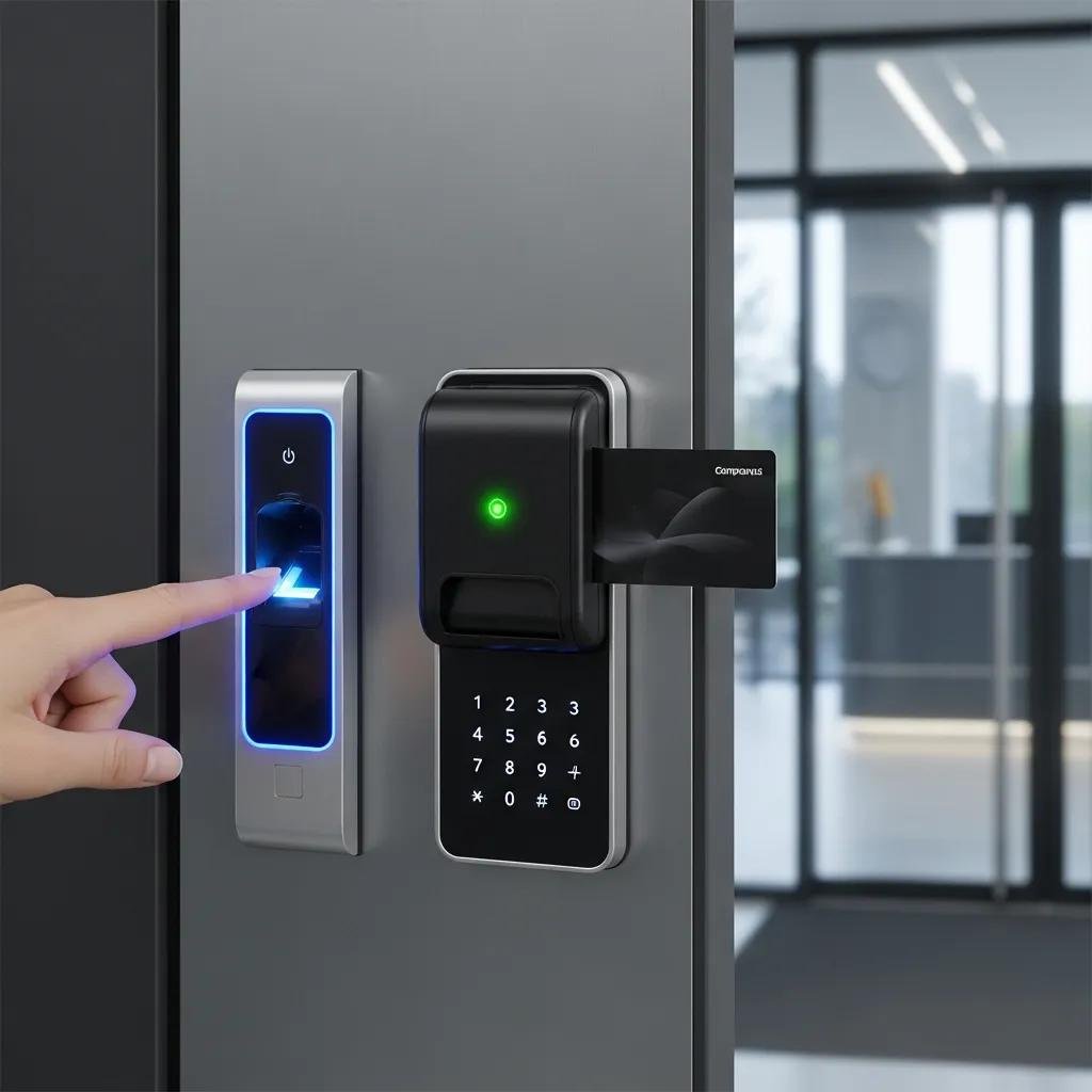 Modern access control system with biometric scanner and keycard reader at a commercial entrance