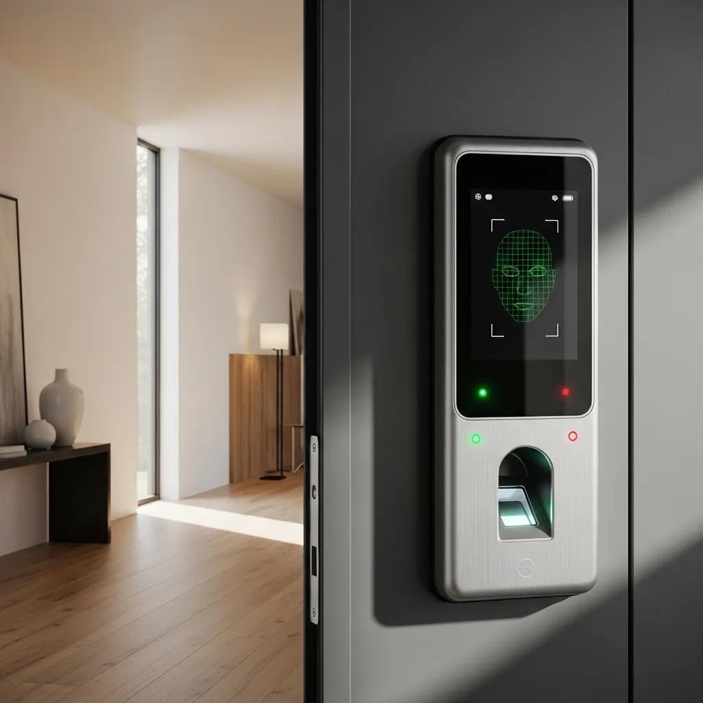Modern biometric lock with fingerprint and facial recognition technology on a contemporary door