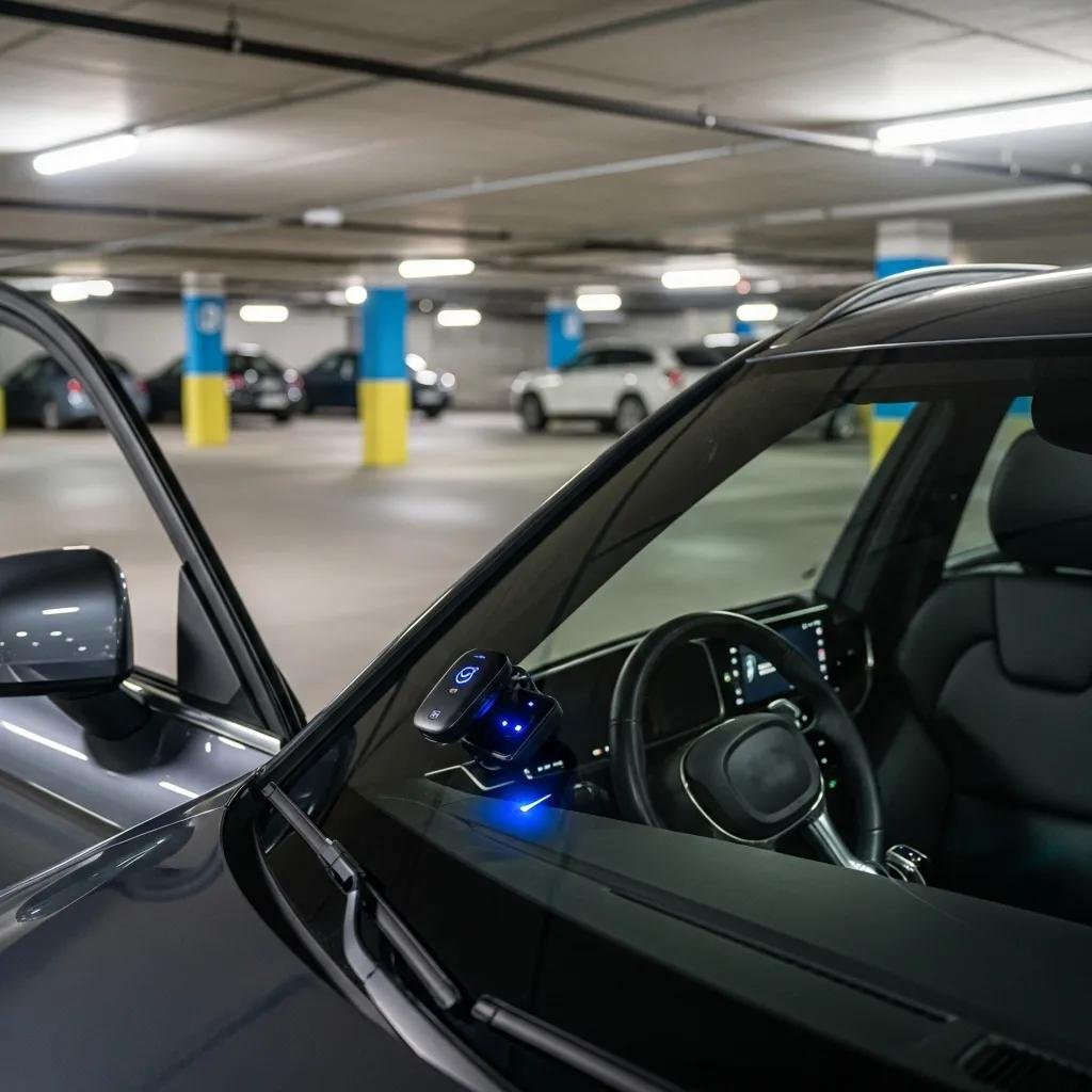 Modern car with GPS tracker highlighting vehicle security and recovery