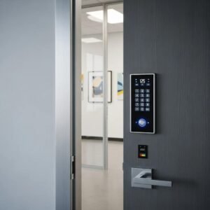 Modern commercial keypad access control system on an office door, highlighting security features