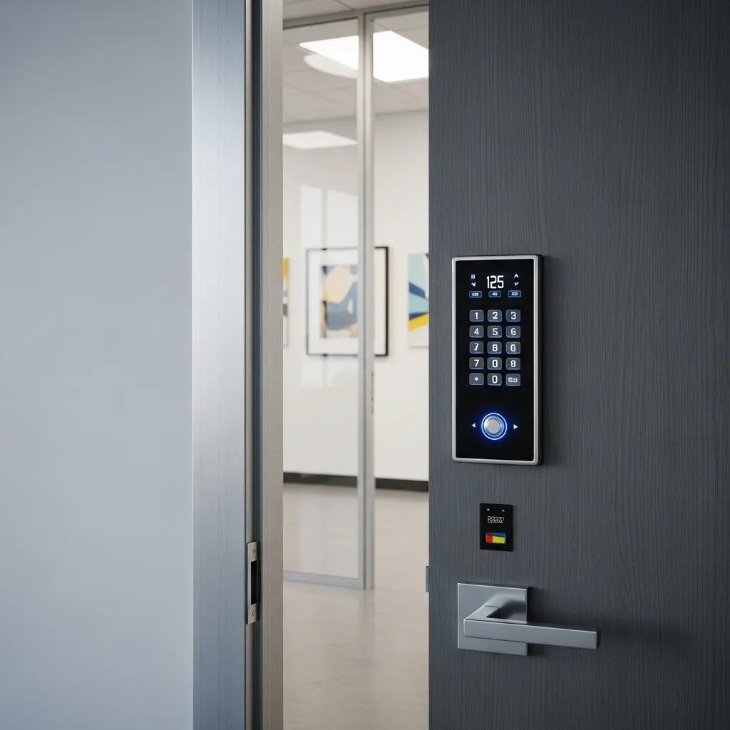 Modern commercial keypad access control system on an office door, highlighting security features