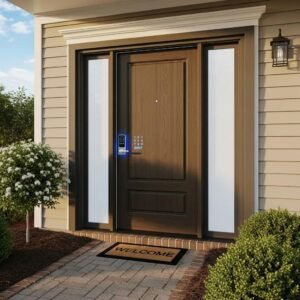 Modern front door with high-security features in a suburban setting