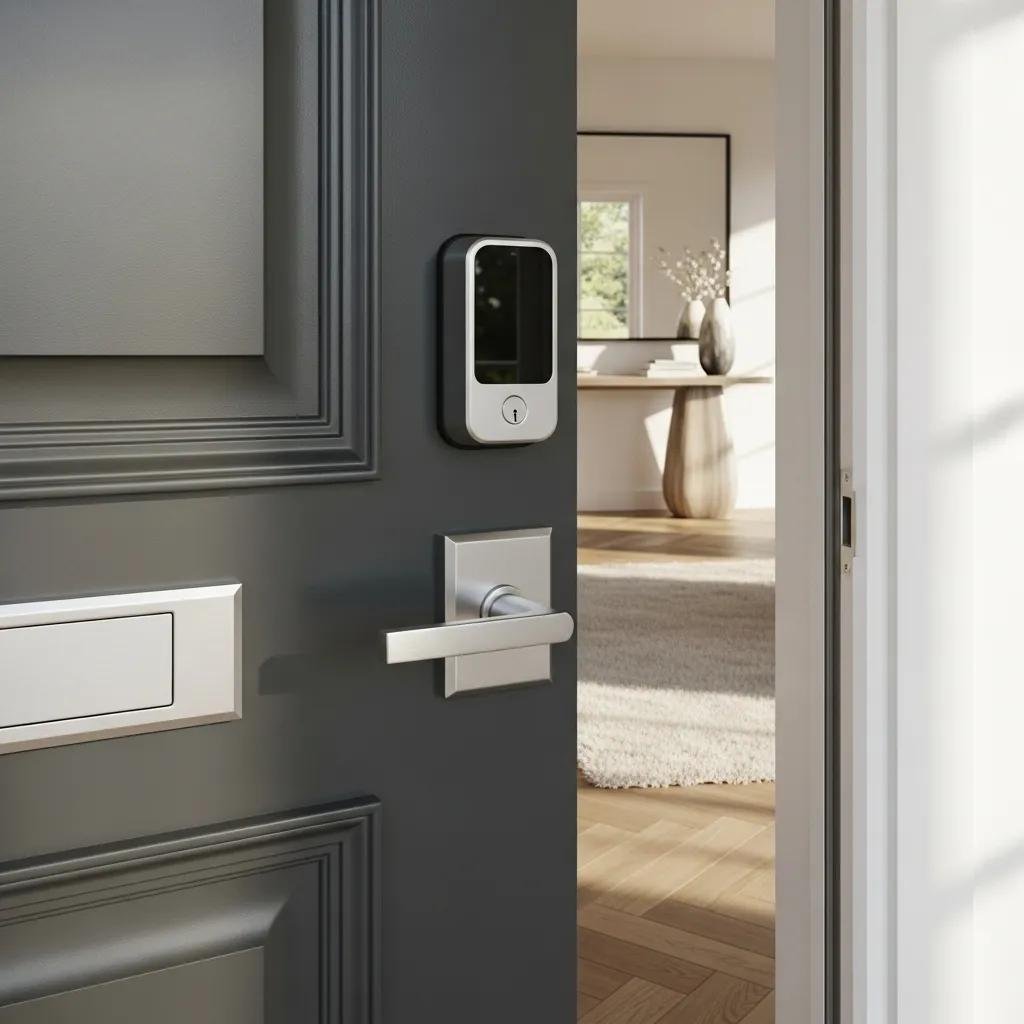 Modern front door with smart lock, illustrating the benefits of enhanced security and convenience in homes