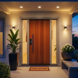 Modern home entrance showcasing a smart lock, emphasizing home security and convenience