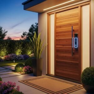 Modern home entrance with a keyless entry system and smart lock