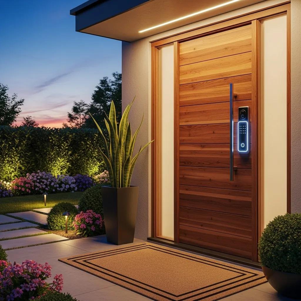 Modern home entrance with a keyless entry system and smart lock