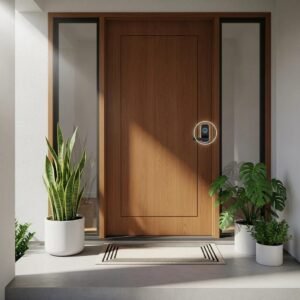 Modern home entrance with a voice-activated smart lock, showcasing convenience and security