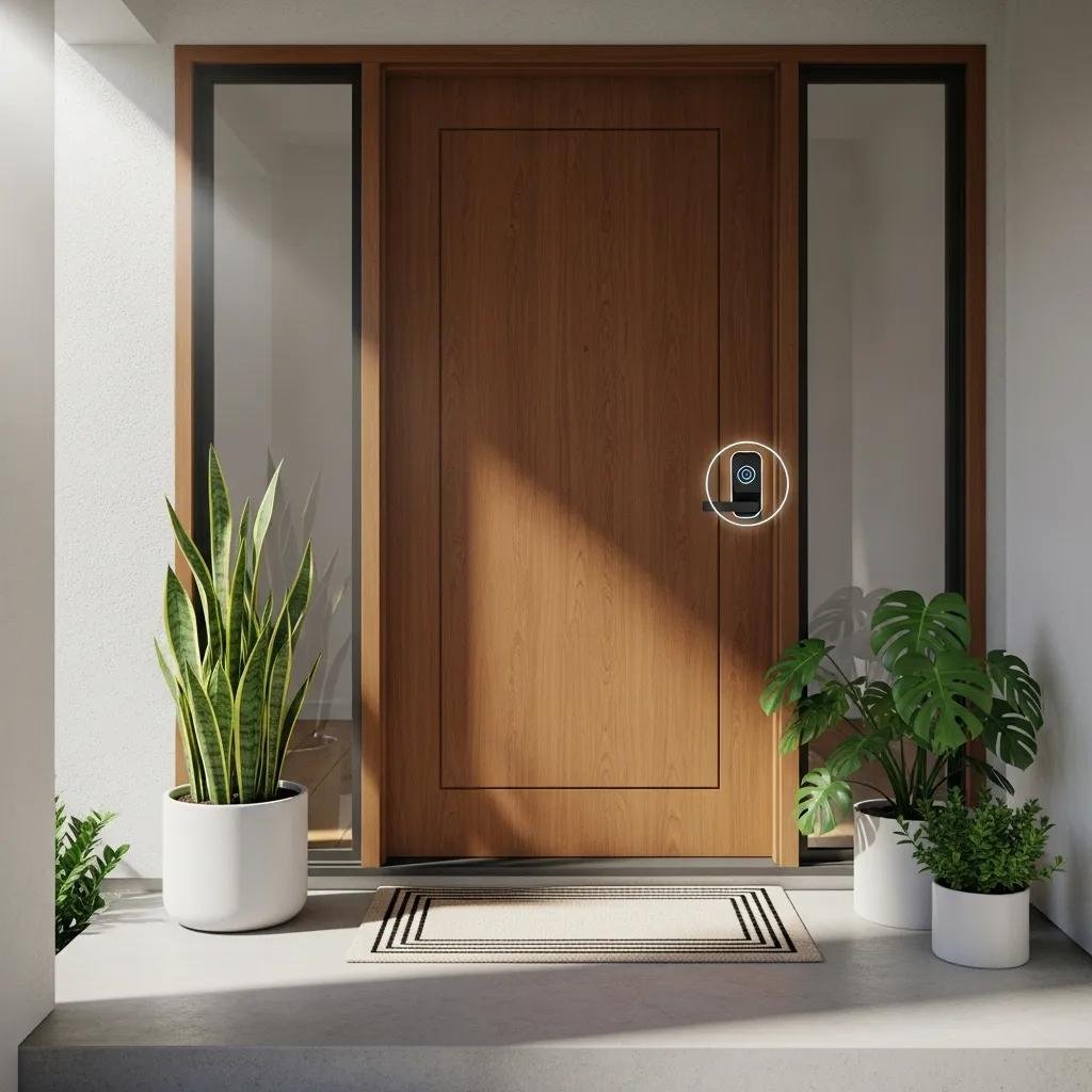 Modern home entrance with a voice-activated smart lock, showcasing convenience and security