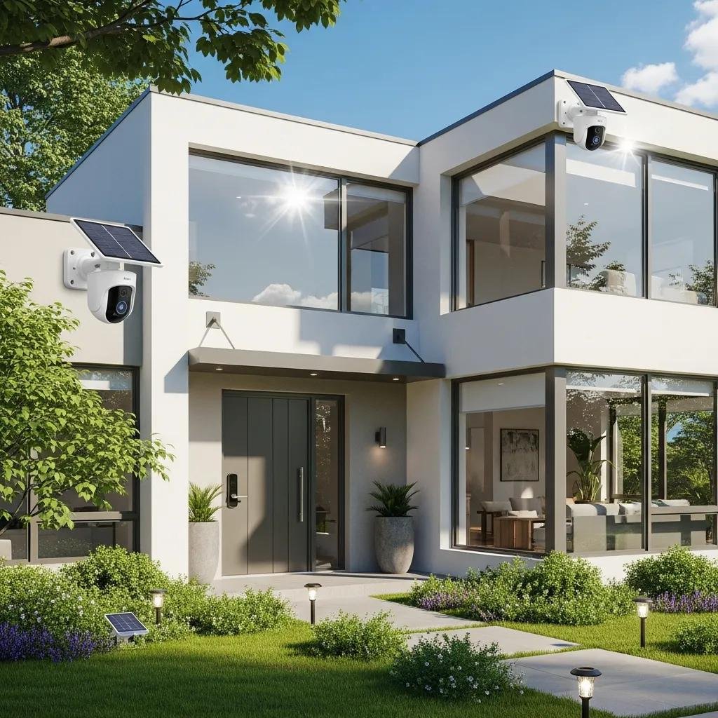 Modern home featuring eco-friendly security solutions like solar-powered cameras and smart locks