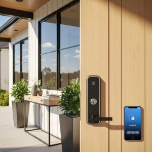 Modern home in Charlotte with advanced smart lock technology on the front door