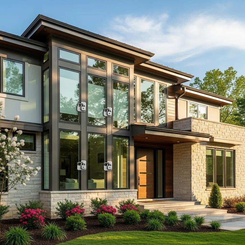 Modern home in Charlotte with secure windows showcasing high-security locks and security films