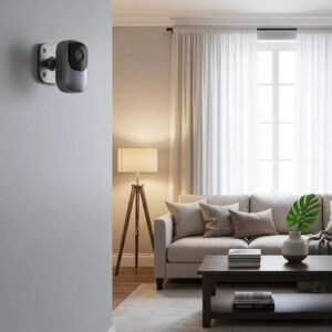 Modern home security camera system in a stylish living room, emphasizing safety and technology