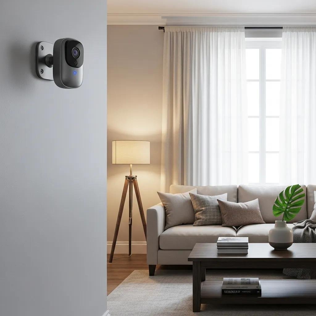 Modern home security camera system in a stylish living room, emphasizing safety and technology