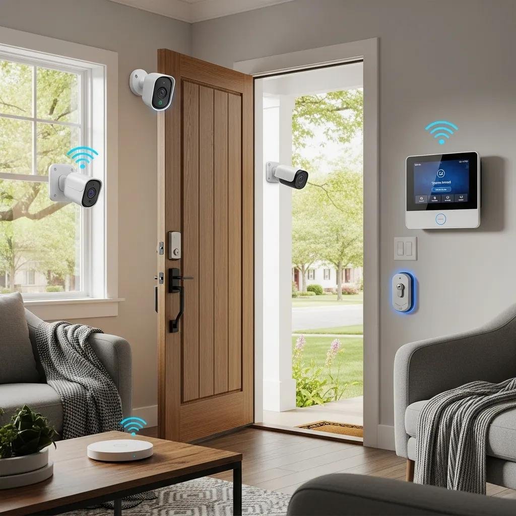 Modern home security system setup with alarm panel, cameras, and smart locks