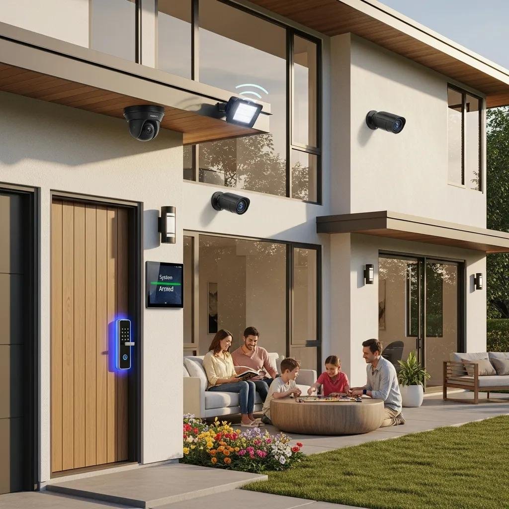 Modern home showcasing advanced security features like surveillance cameras and smart locks, emphasizing safety and comfort